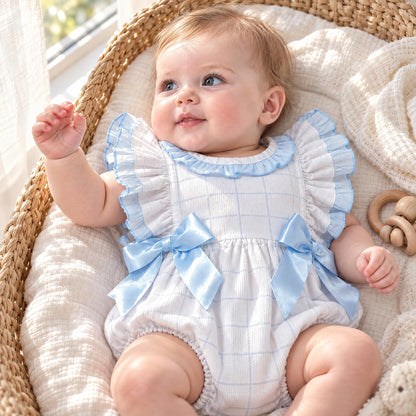 Blue Check Pattern Frilly Shoulder Romper
