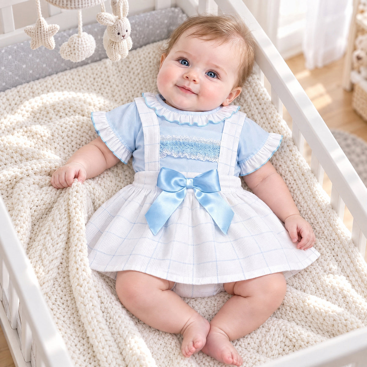 Baby Girls Blue Checked Pinafore Dress With Blue Shirt