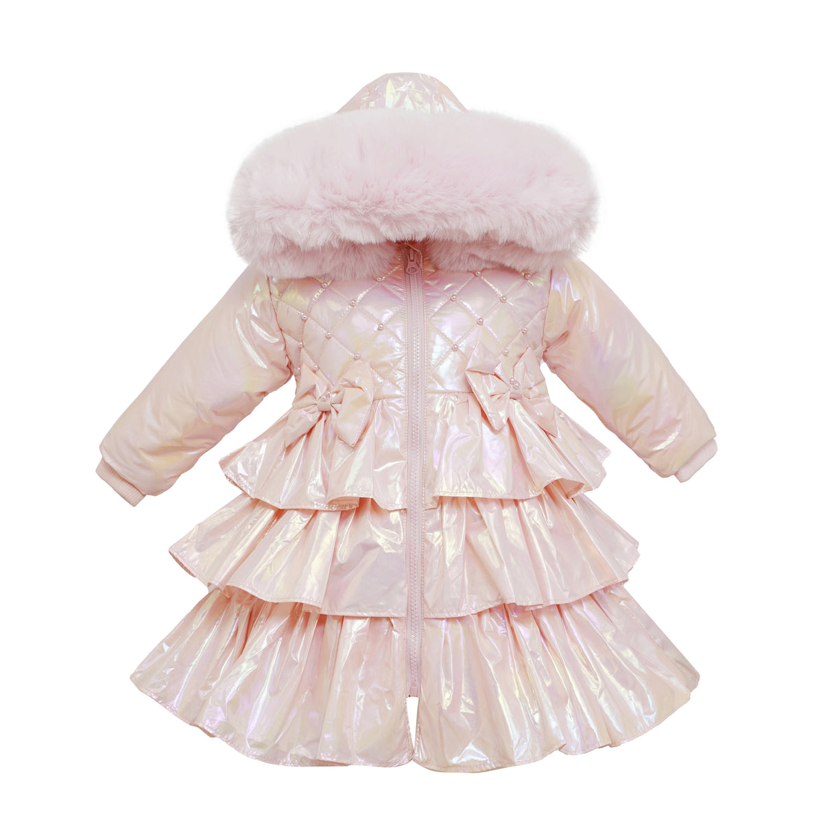 Pink hooded coat with tiered frills, waist bows and bead details on the diamond-quilted front