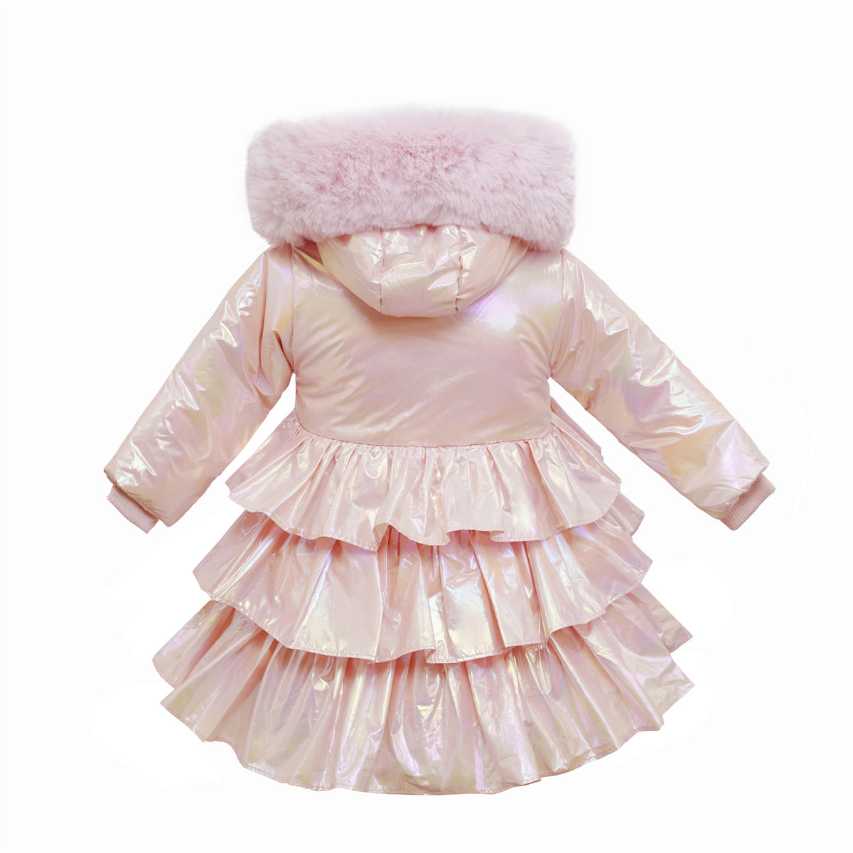 Back view of pearly pink coat with three gathered frill tiers and a faux-fur trimmed hood