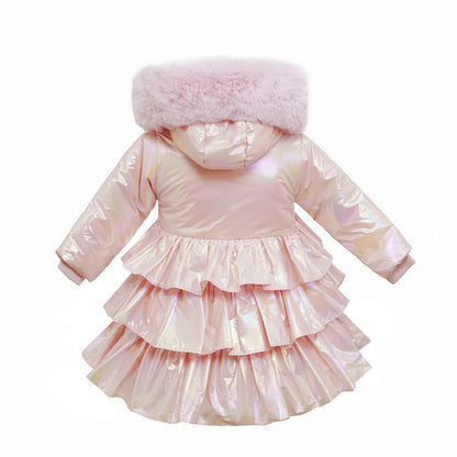 Back view of pearly pink coat with three gathered frill tiers and a faux-fur trimmed hood