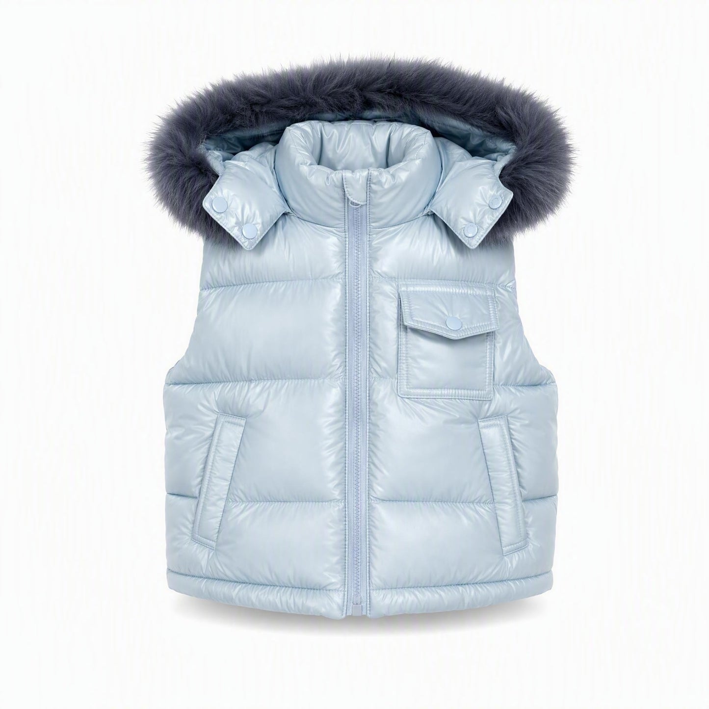 Baby Boys Pale Blue Puffer Gilet with Faux Fur Hood