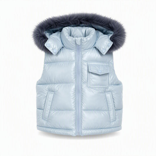 Baby Boys Pale Blue Puffer Gilet with Faux Fur Hood