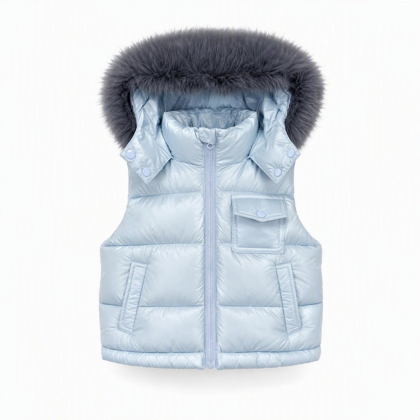 Baby Boys Pale Blue Puffer Gilet with Faux Fur Hood