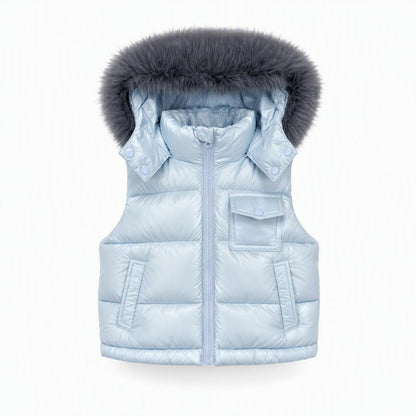 Baby Boys Pale Blue Puffer Gilet with Faux Fur Hood