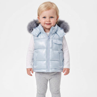Baby Boys Pale Blue Puffer Gilet with Faux Fur Hood