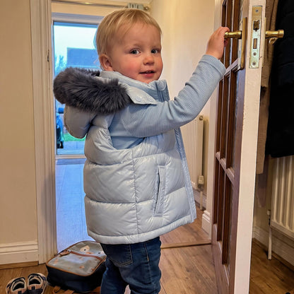 Baby Boys Pale Blue Puffer Gilet with Faux Fur Hood
