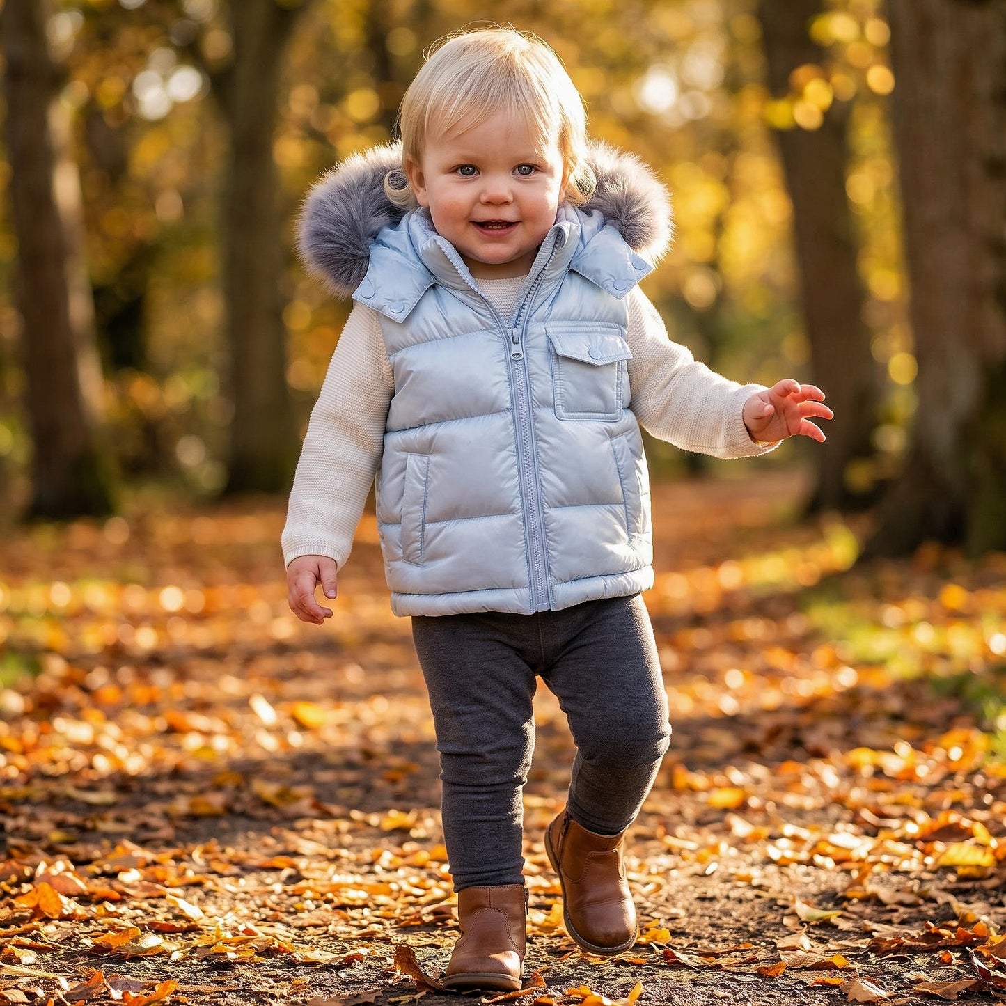 Baby Boys Pale Blue Puffer Gilet with Faux Fur Hood