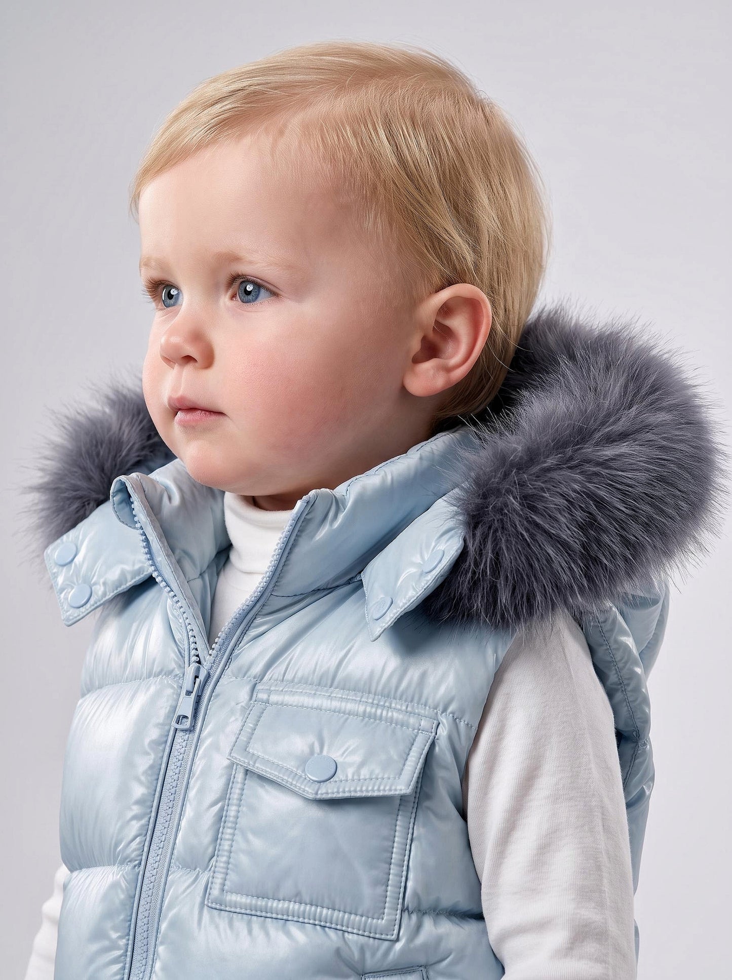Baby Boys Pale Blue Puffer Gilet with Faux Fur Hood