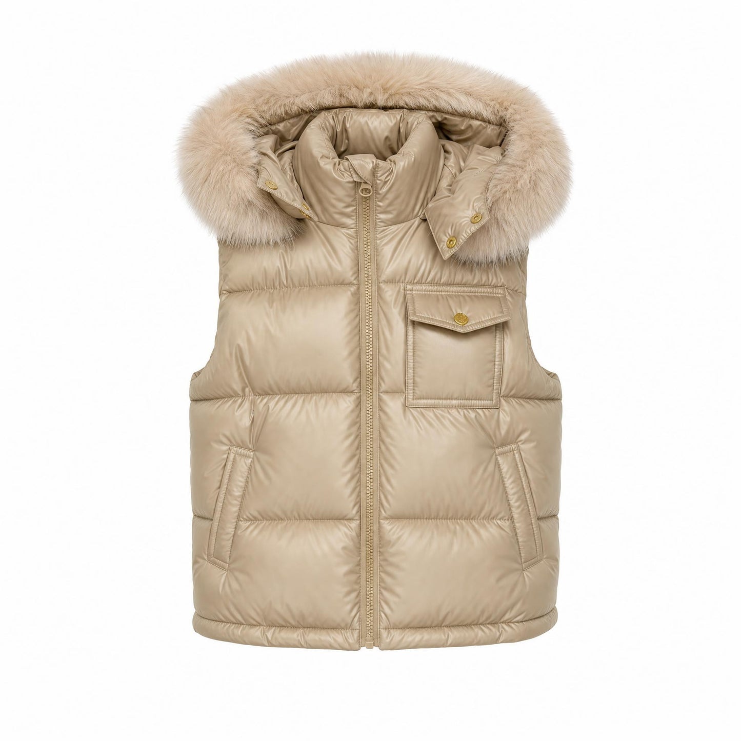 Baby Boys Champagne Puffer Gilet with Faux Fur Hood