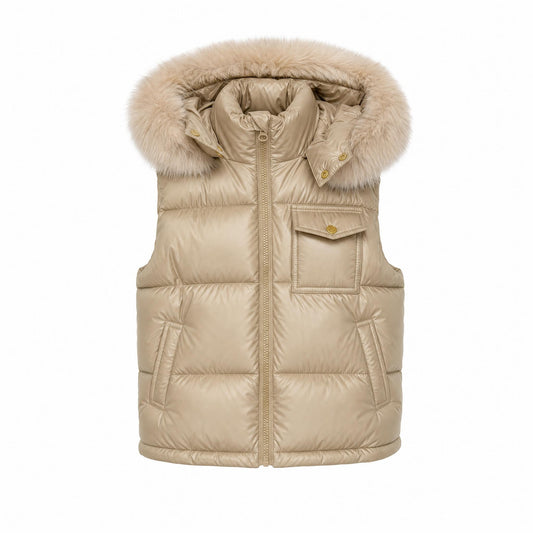 Baby Boys Champagne Puffer Gilet with Faux Fur Hood