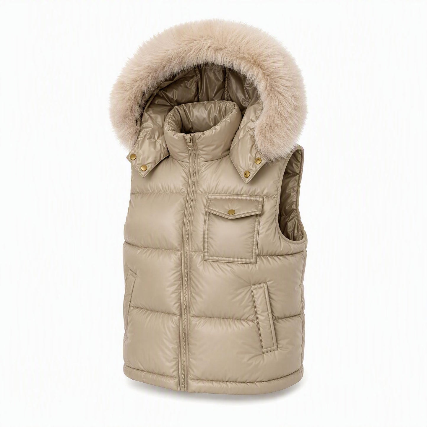 Baby Boys Champagne Puffer Gilet with Faux Fur Hood