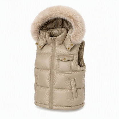 Baby Boys Champagne Puffer Gilet with Faux Fur Hood