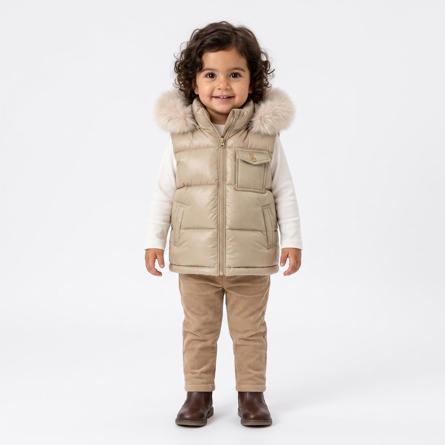 Baby Boys Champagne Puffer Gilet with Faux Fur Hood