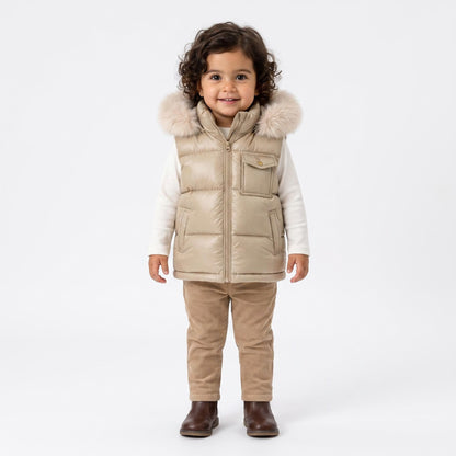 Baby Boys Champagne Puffer Gilet with Faux Fur Hood