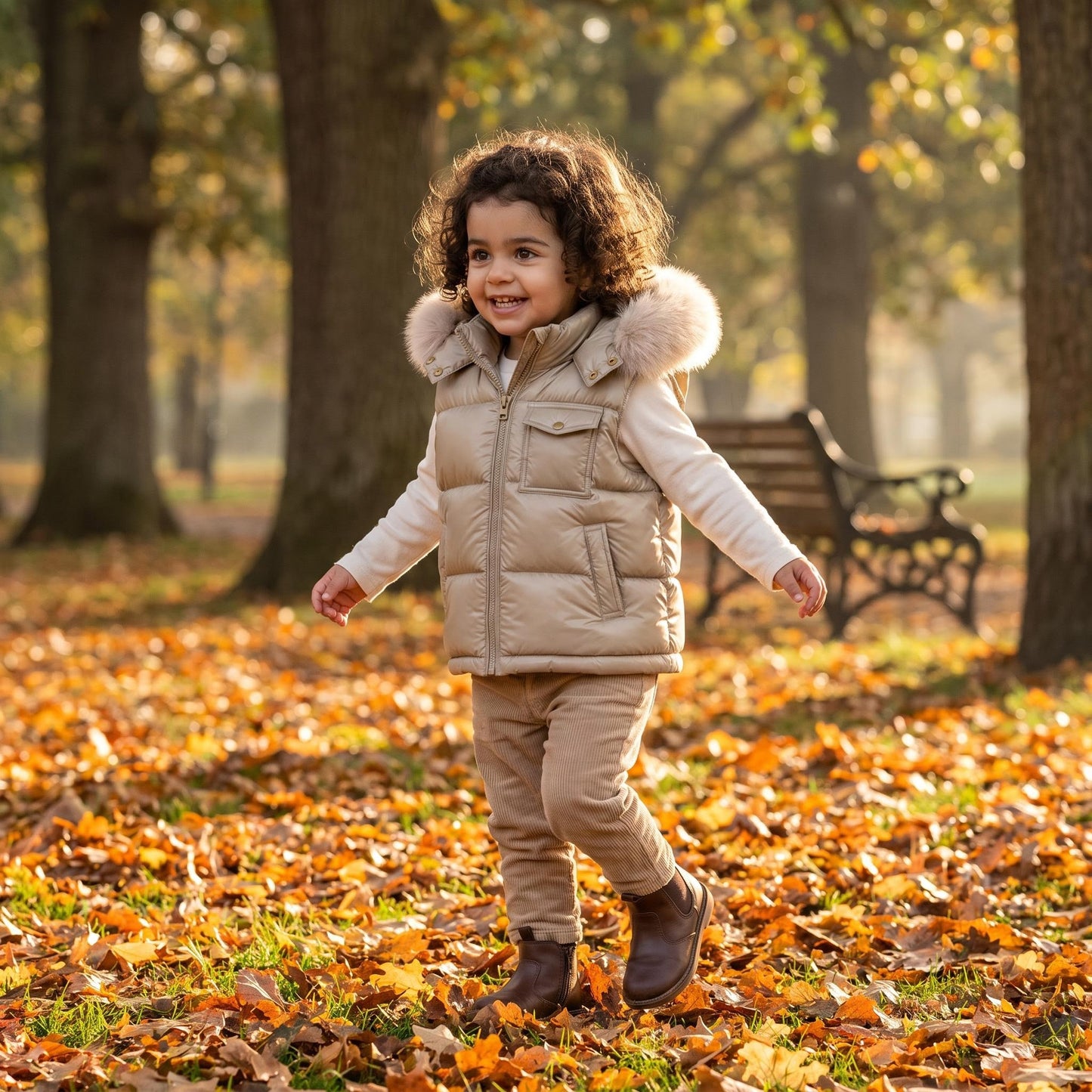 Baby Boys Champagne Puffer Gilet with Faux Fur Hood