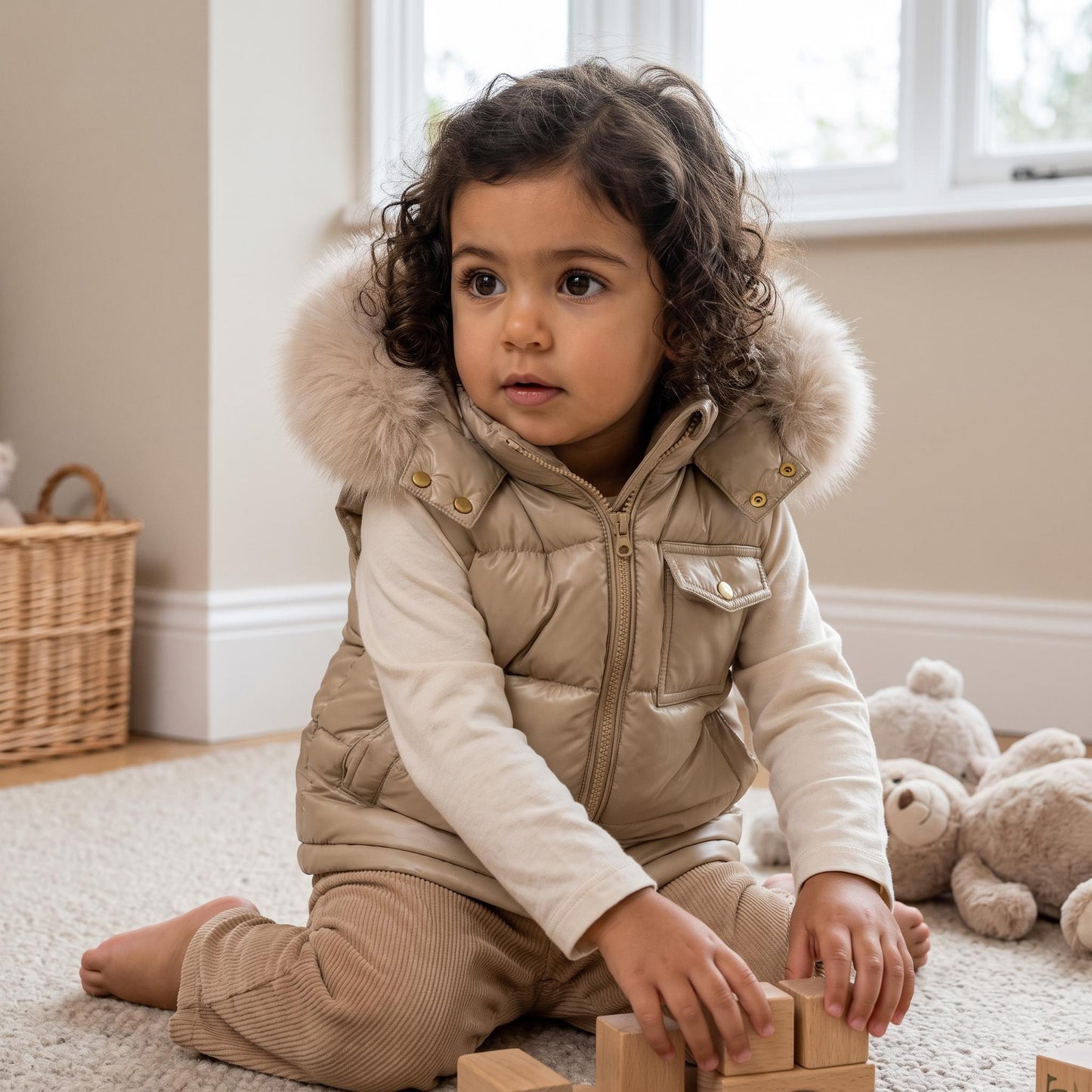 Baby Boys Champagne Puffer Gilet with Faux Fur Hood