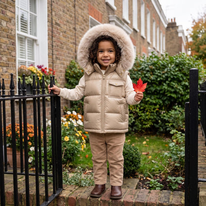 Baby Boys Champagne Puffer Gilet with Faux Fur Hood