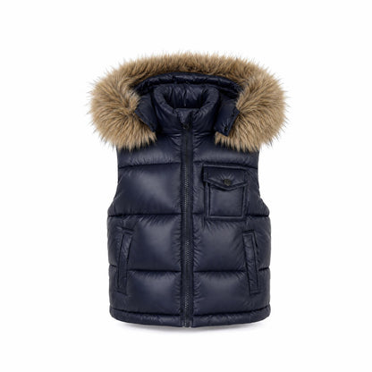 Baby Boys Navy Puffer Gilet with Faux Fur Hood