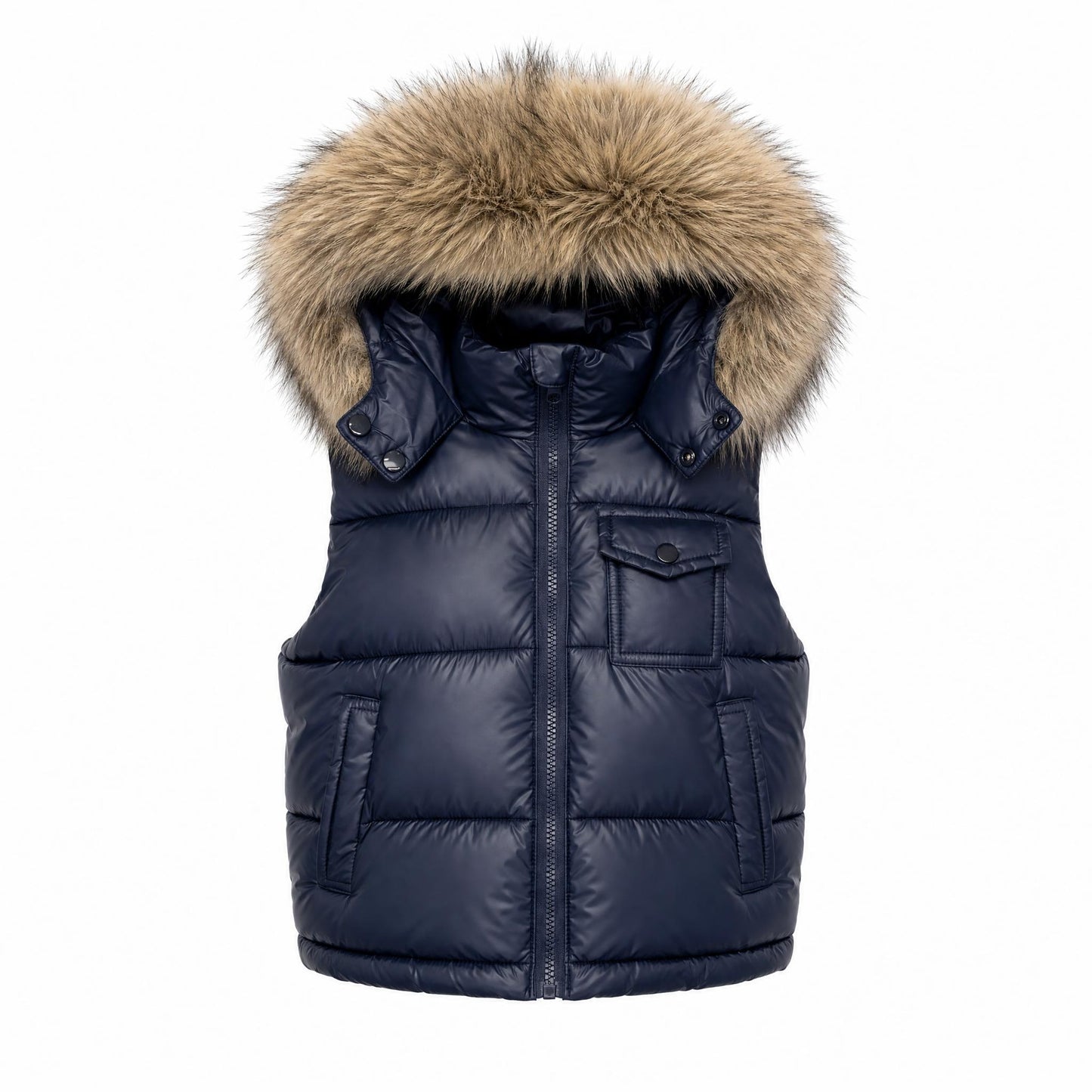 Baby Boys Navy Puffer Gilet with Faux Fur Hood