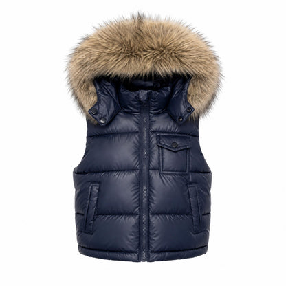 Baby Boys Navy Puffer Gilet with Faux Fur Hood