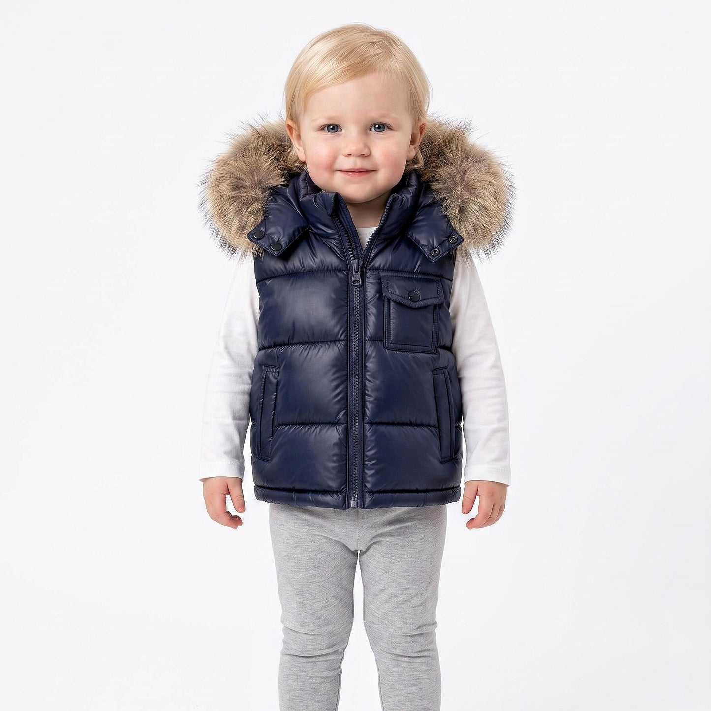 Baby Boys Navy Puffer Gilet with Faux Fur Hood