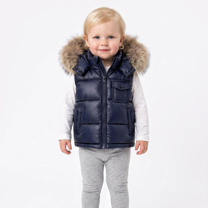 Baby Boys Navy Puffer Gilet with Faux Fur Hood