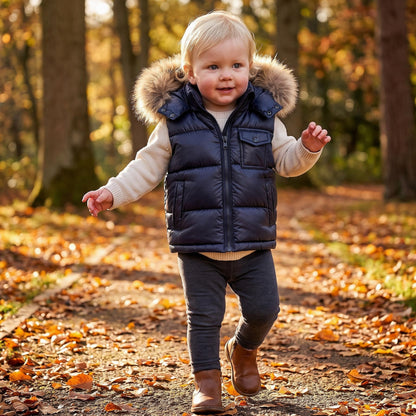 Baby Boys Navy Puffer Gilet with Faux Fur Hood
