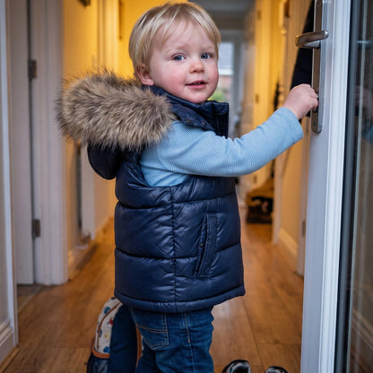 Baby Boys Navy Puffer Gilet with Faux Fur Hood