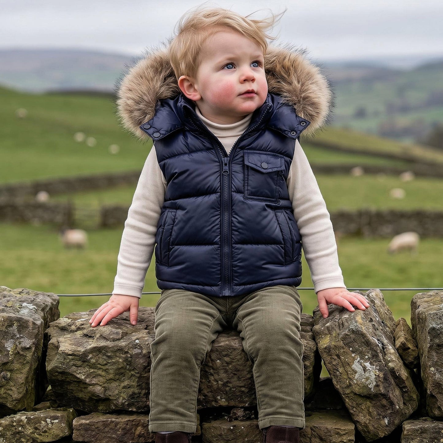 Baby Boys Navy Puffer Gilet with Faux Fur Hood