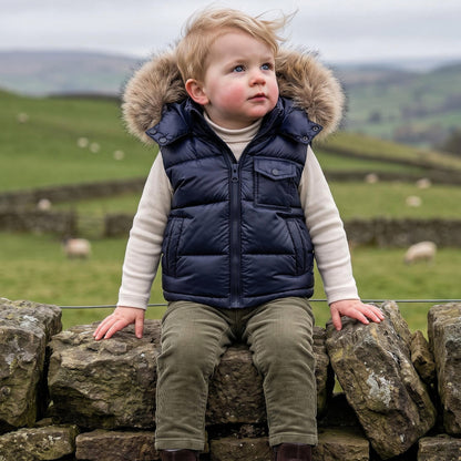 Baby Boys Navy Puffer Gilet with Faux Fur Hood
