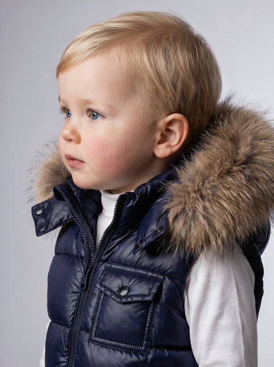 Baby Boys Navy Puffer Gilet with Faux Fur Hood