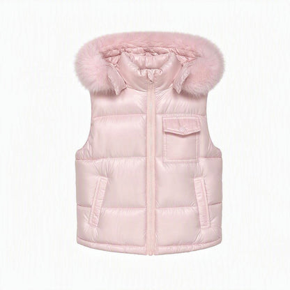 Baby Girls Pink Puffer Gilet With Faux Fur Hood