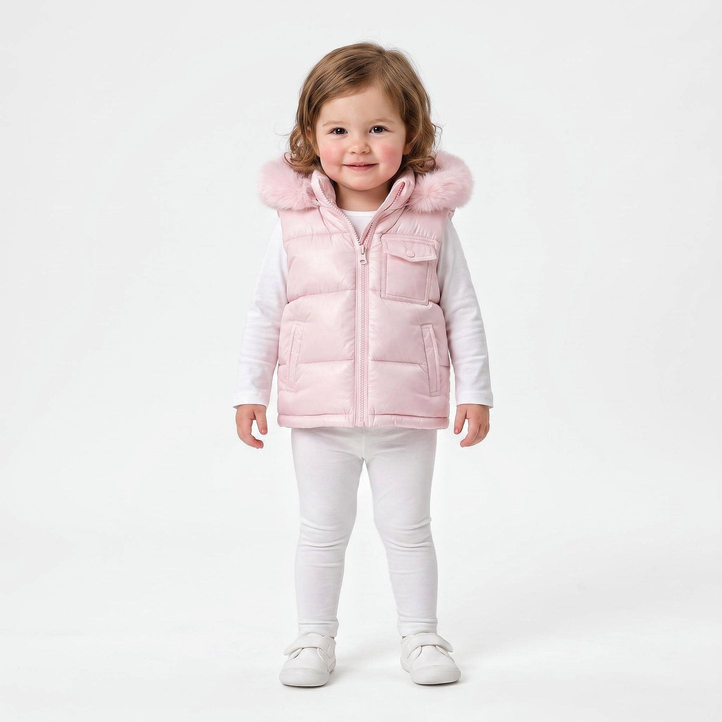 Baby Girls Pink Puffer Gilet With Faux Fur Hood