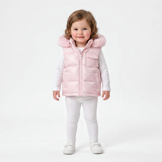 Baby Girls Pink Puffer Gilet With Faux Fur Hood