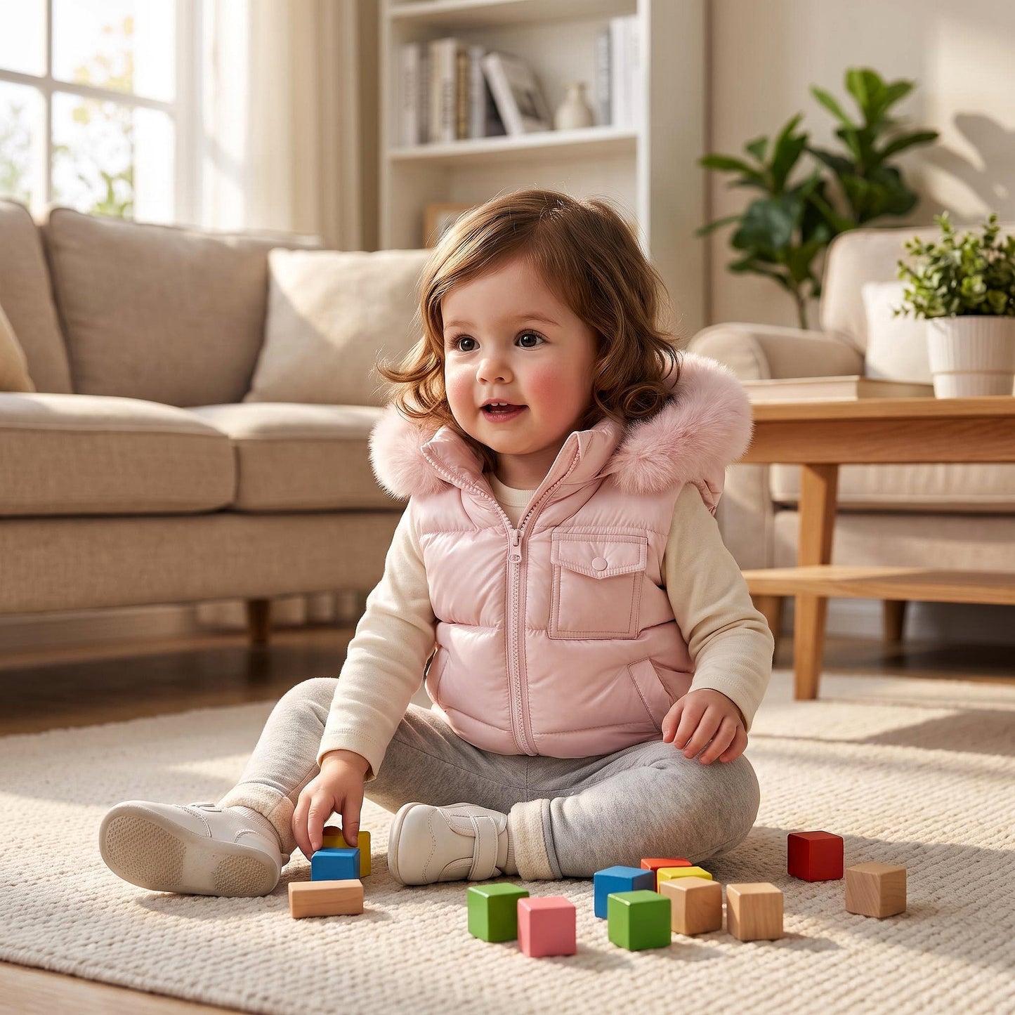 Baby Girls Pink Puffer Gilet With Faux Fur Hood