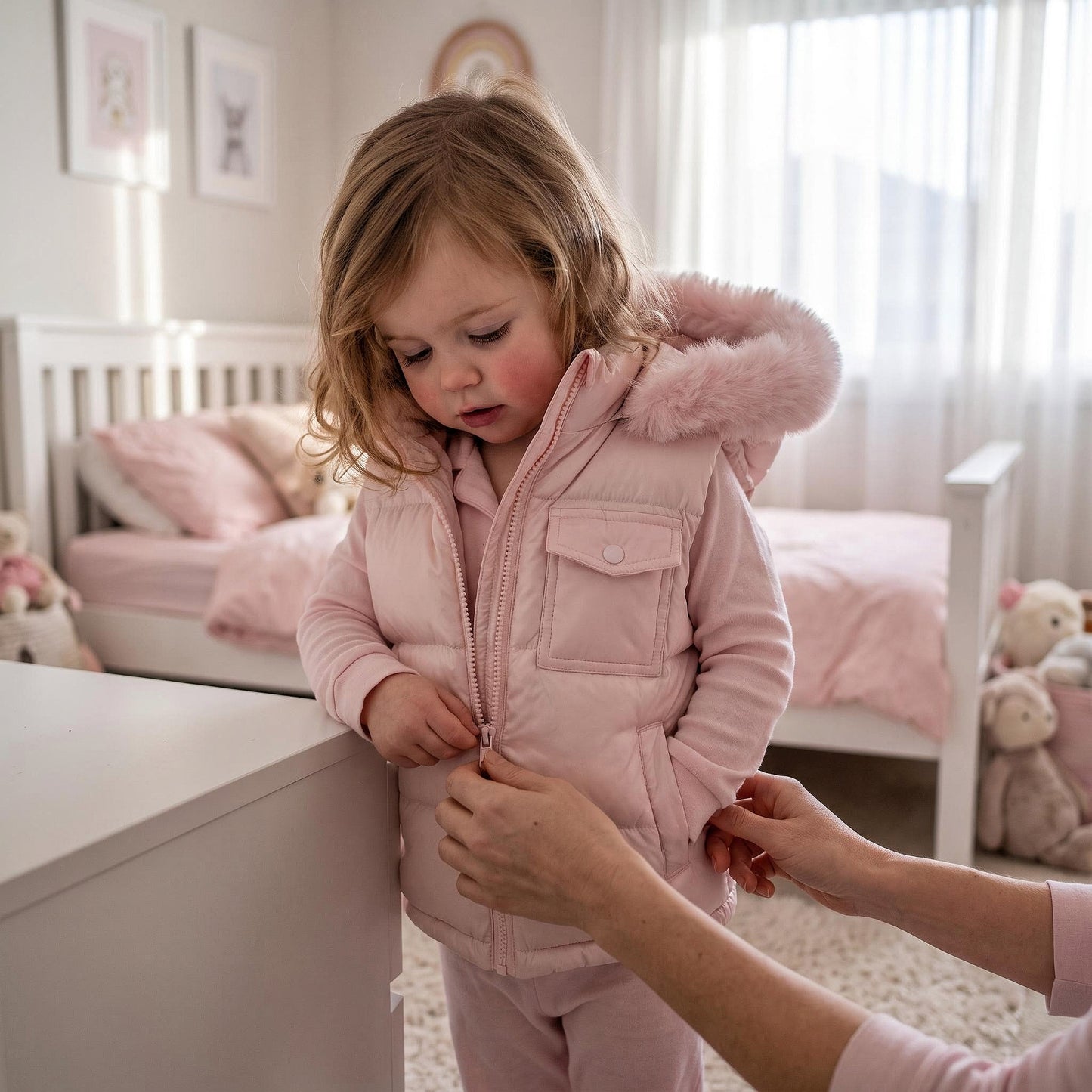 Baby Girls Pink Puffer Gilet With Faux Fur Hood