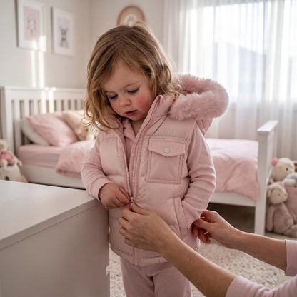 Baby Girls Pink Puffer Gilet With Faux Fur Hood