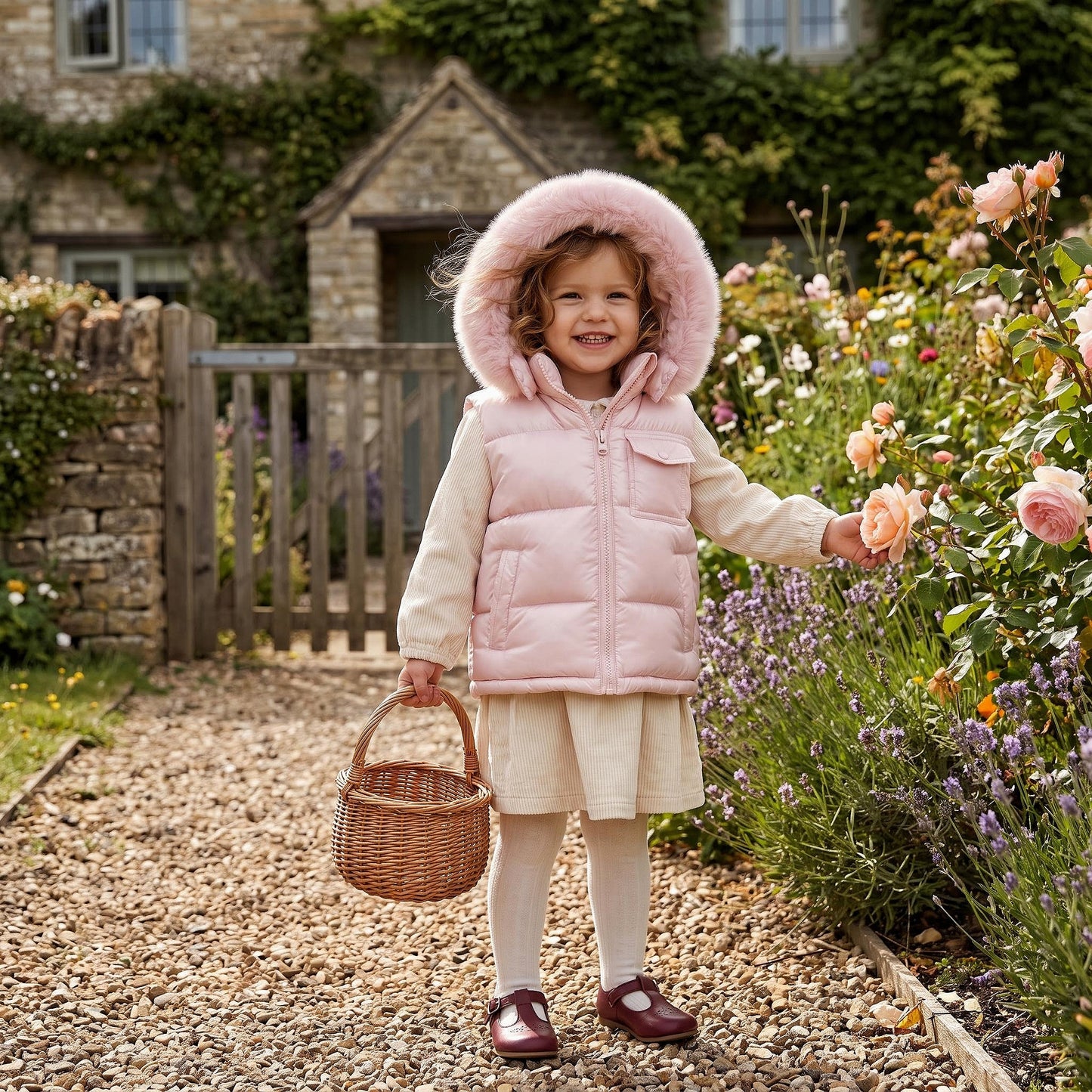 Baby Girls Pink Puffer Gilet With Faux Fur Hood