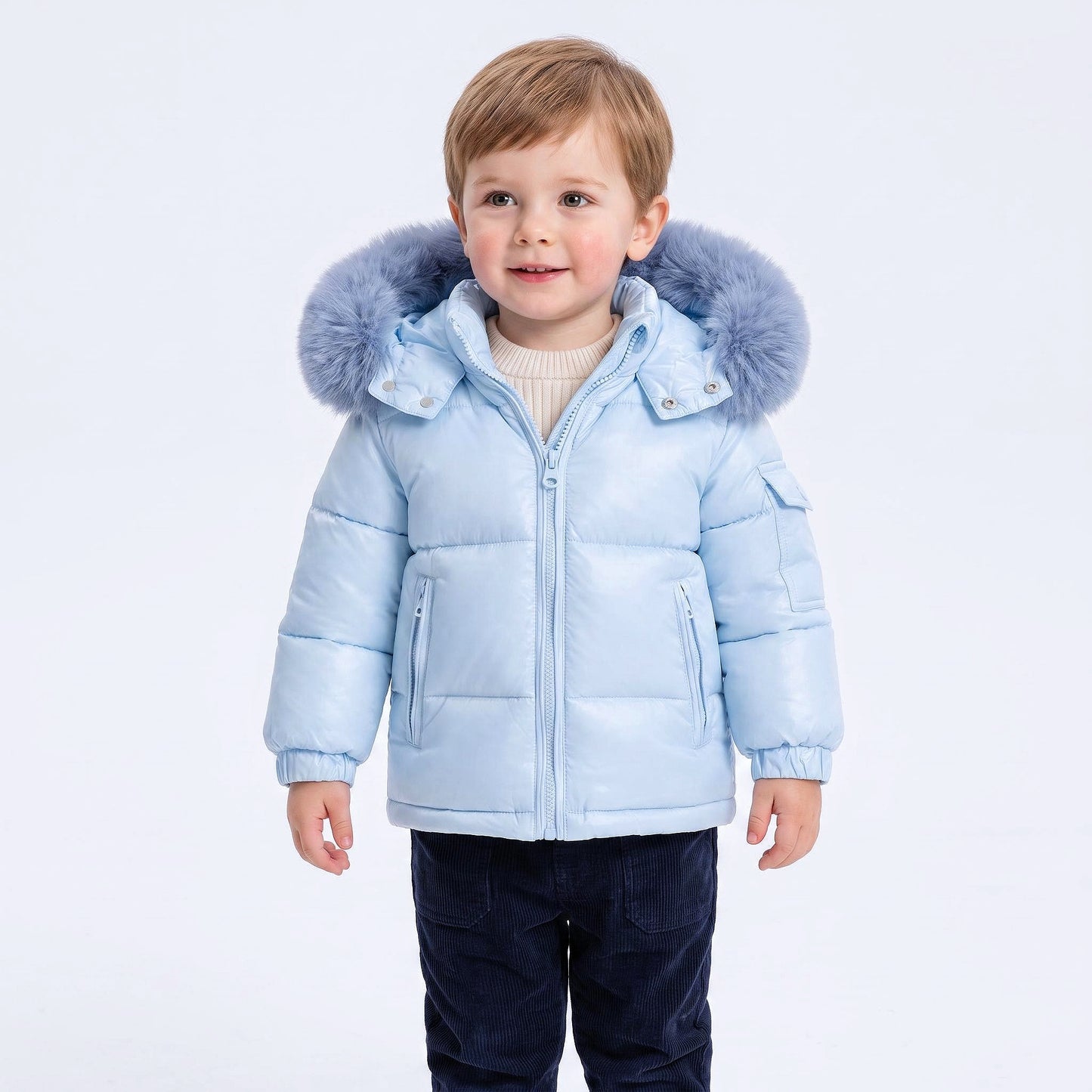 Baby Boys Blue Puffer Coat with Faux Fur Hood