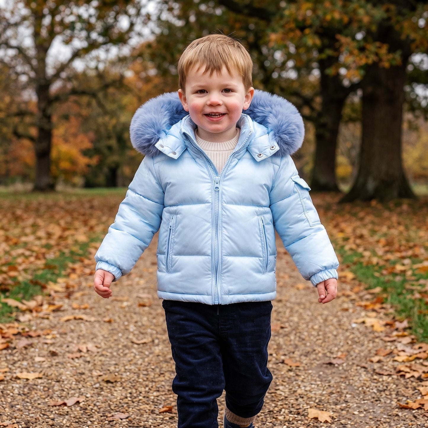 Baby Boys Blue Puffer Coat with Faux Fur Hood