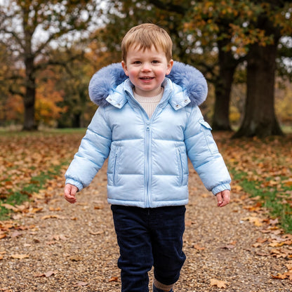 Baby Boys Blue Puffer Coat with Faux Fur Hood
