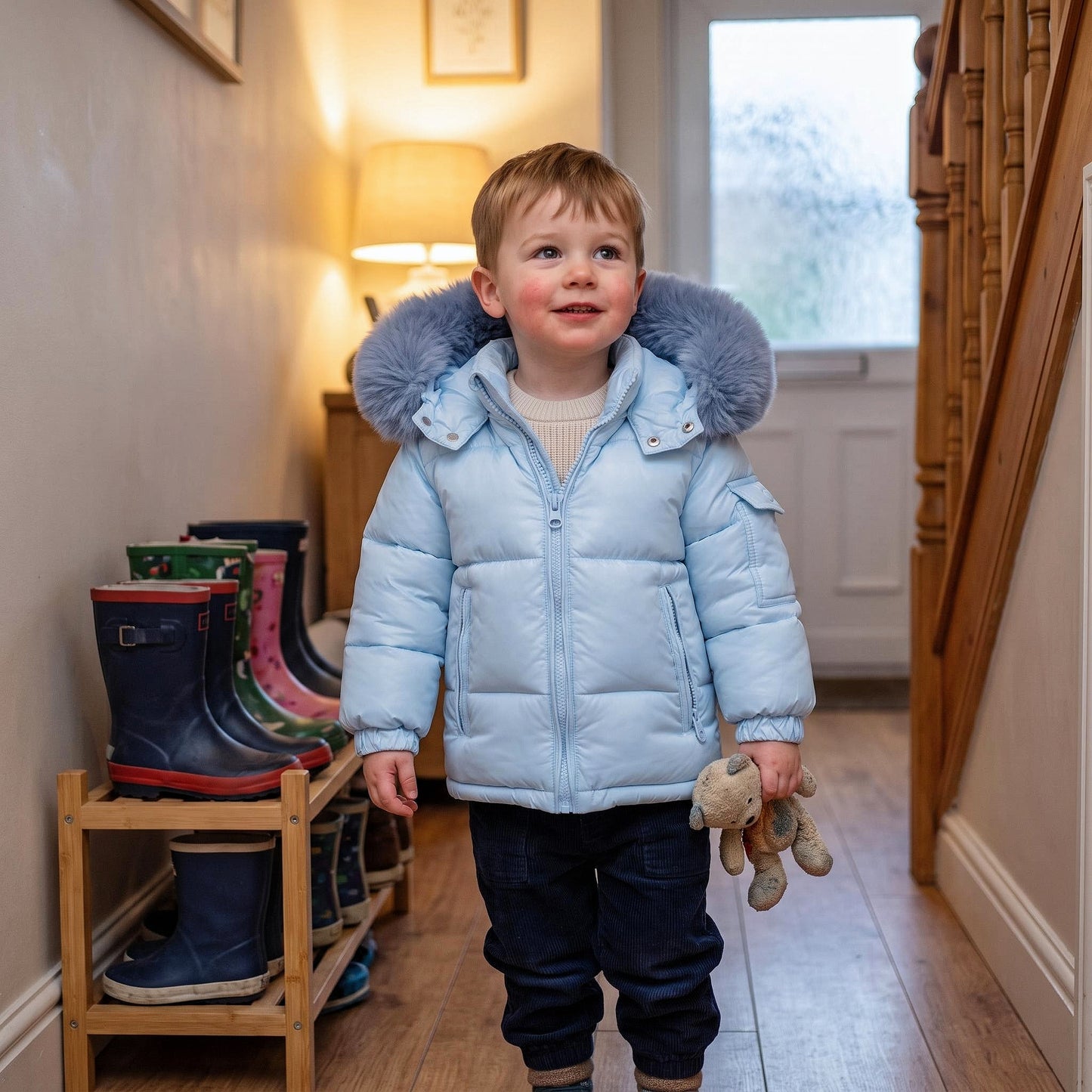 Baby Boys Blue Puffer Coat with Faux Fur Hood