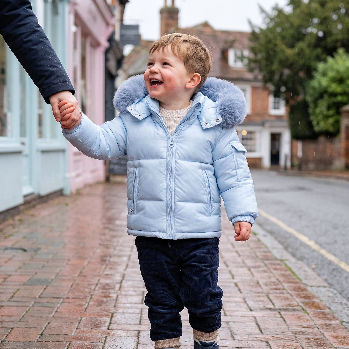 Baby Boys Blue Puffer Coat with Faux Fur Hood
