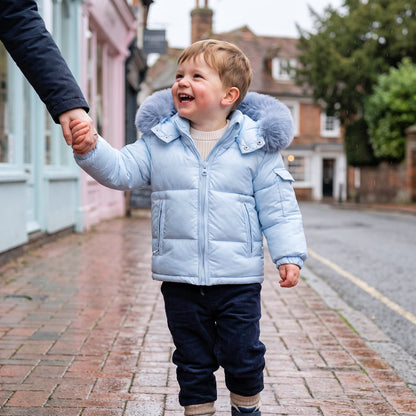 Baby Boys Blue Puffer Coat with Faux Fur Hood