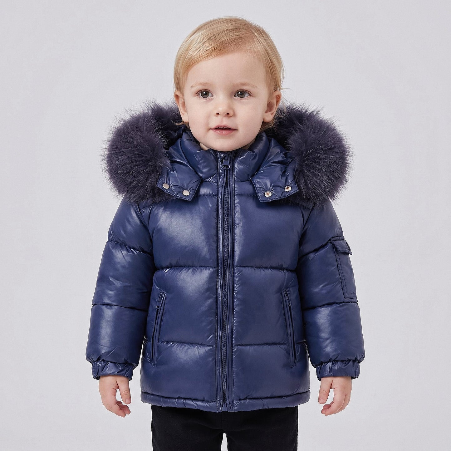 Baby Navy Puffer Coat with Faux Fur Hood