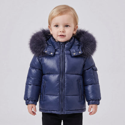 Baby Navy Puffer Coat with Faux Fur Hood