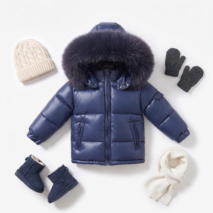 Baby Navy Puffer Coat with Faux Fur Hood