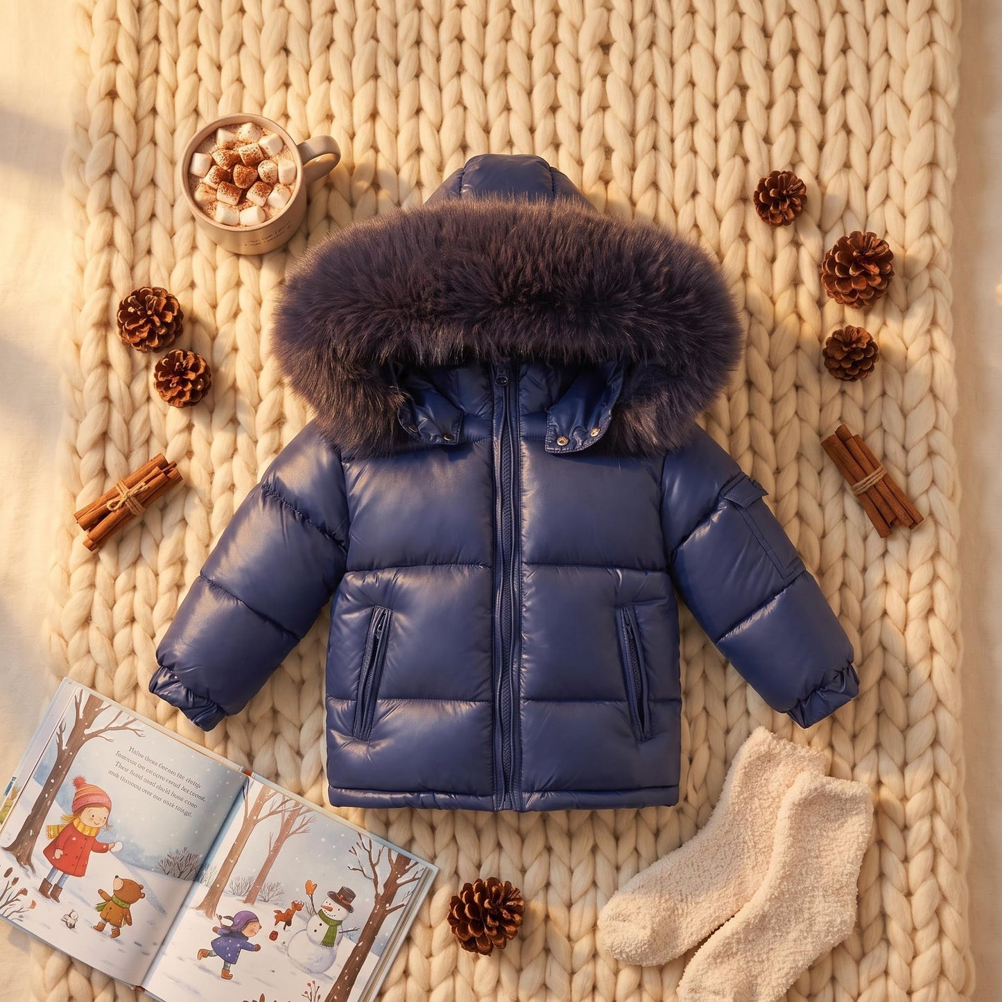 Baby Navy Puffer Coat with Faux Fur Hood