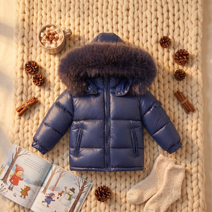 Baby Navy Puffer Coat with Faux Fur Hood